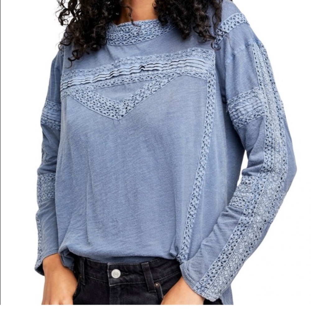 Free People Denim Blue Lace crochet bohemian Accent Blouse size small